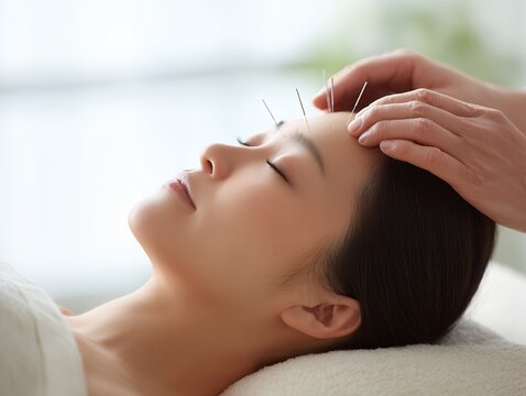 美容鍼の施術をリラックスした表情で受ける若い女性と優しく頭に手を添える施術者
