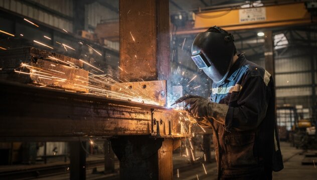 Medium shot capturing welder attaching stiffeners to base plates reinforcing beamtocolumn joints with sparks flying in a factory environment.