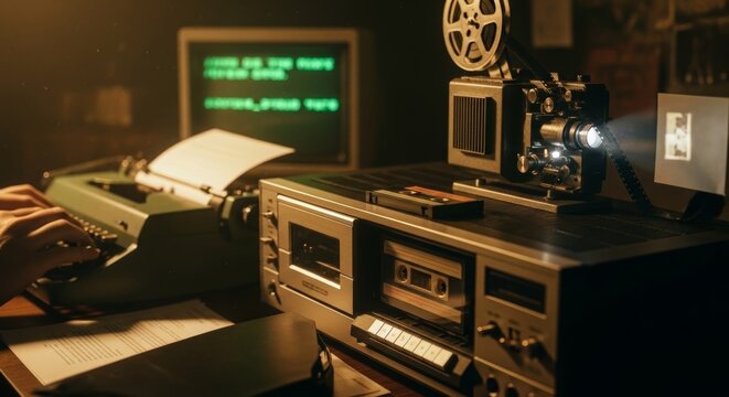 Man using vintage typewriter in dark room with retro cassette player and film projector. Old computer monitor and media equipment. Nostalgic scene of analog technology and creative work.