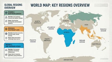 Naklejka premium Global overview of key world regions and their economic drivers on a world map.