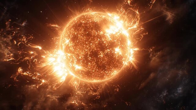 Close-up view of the sun with solar flares and glowing plasma in space.