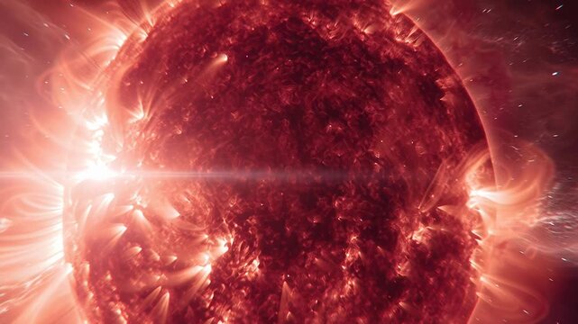 Close-up view of the sun showing solar flares and intense glowing plasma activity.