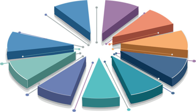 Isometric pie chart vector with segmented 3D slices, colorful data visualization, business analytics diagram and modern infographic design elements