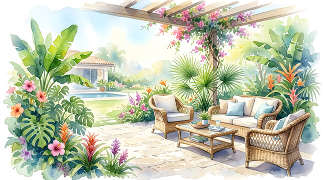 Tropical Terrace Garden with Wicker Furniture