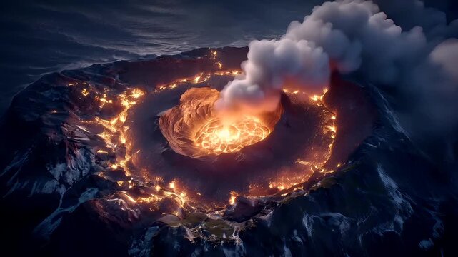 Outdoor exploration adventure. A vivid, dramatic depiction of a volcanic eruption. The main subject is a molten lava flow, with a bright orange glow emanating from the center.