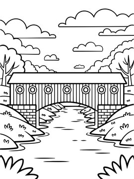 Covered Bridge Illustration: A classic covered bridge gracefully spans a serene river, amidst a tranquil scene. This illustration is a perfect representation of serenity and historical architecture.
