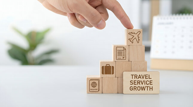 Hand strategically placing an airplane block on a stack of travel-themed wooden cubes, symbolizing the successful growth and development of travel services
