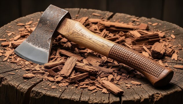 Axe and Wood Chips: A close-up of a sturdy axe resting on a weathered tree stump, surrounded by a scattering of fresh wood chips, showcasing the tools of the trade. 