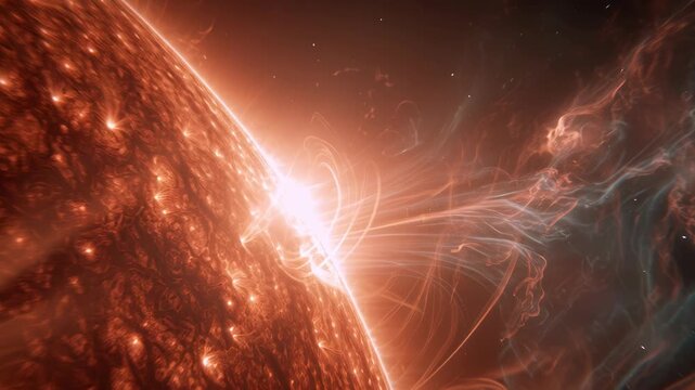 Close-up view of a solar flare erupting from the sun's surface in space.