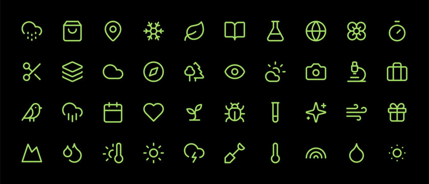 Minimalist Lime Green Line Icons Set for Nature Weather Science and Web UI Design