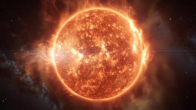 Detailed digital illustration of a fiery sun with solar flares and cosmic background.