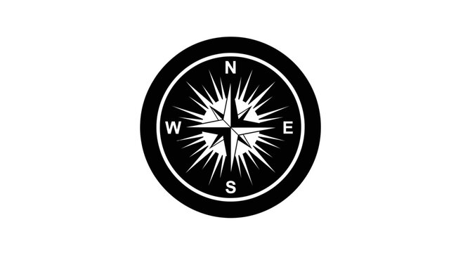 Black and White Compass Rose Icon with North, South, East, West Directions