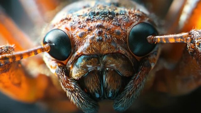 Close up of a large insect, possibly an ant or bug, featuring its detailed exoskeleton and sharp eyes.