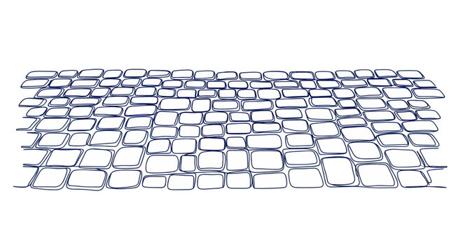 Hand-drawn cobblestone path perspective, sketch style, white background