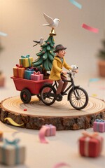 Fototapeta premium Holiday cyclist with dog Christmas tree and gifts on a wooden slice.