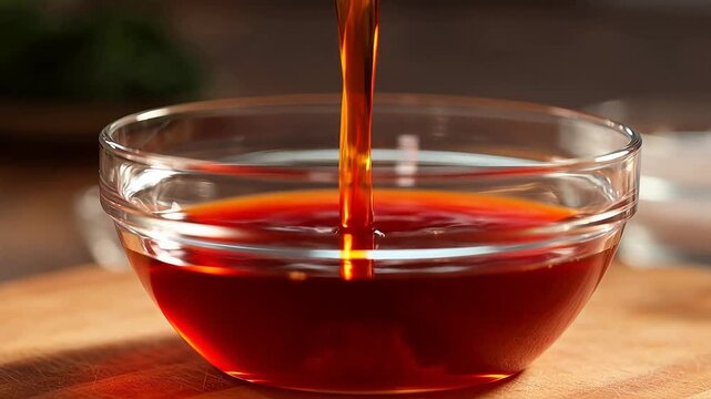 Glass bowl with red liquid on wooden surface