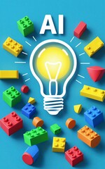Obraz premium AI light bulb surrounded by colorful building blocks symbolizing