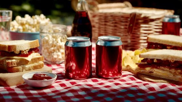 Spring Summer outdoor leisure relaxation activity. A vivid outdoor scene depicts a picnic. A red and white checkered tablecloth covers the table. On the left.