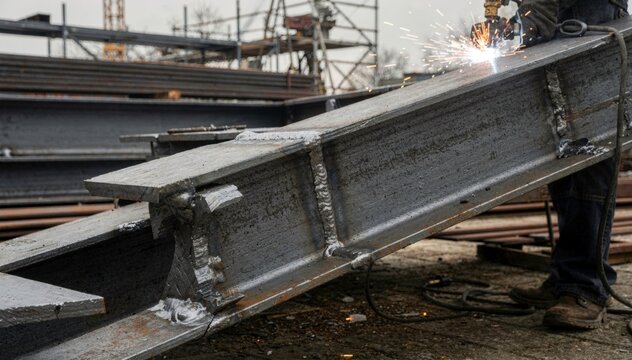 Fabricating exterior metal stair stringers with corrosionresistant coating highlighting structural welding processes against an industrial outdoor backdrop.