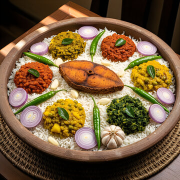 Traditional bengali panta ilish platter with fried hilsa fish and various bhortas in a clay bowl.