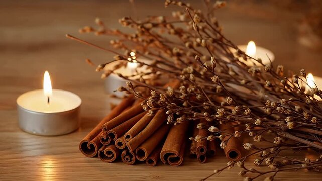 Cinnamon sticks and lit candles on wooden surface