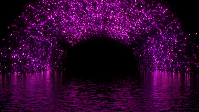 紫色の光の粒子が奥へと続く幻想的な水上のトンネル
