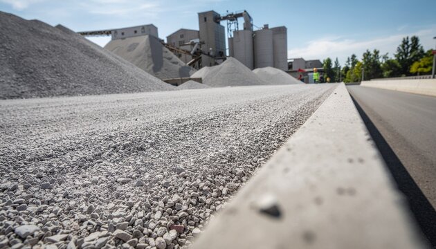 Industrial Gravel Quarry with Concrete Structures and Piles of Aggregate.