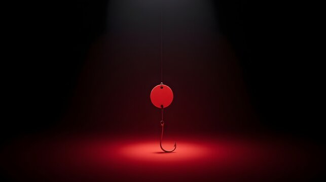 A single red fishing hook illuminated by a spotlight in a dark environment