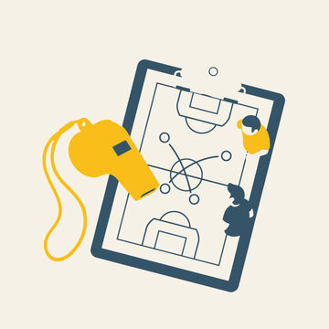 Illustrated Sports Coaching and Game Strategy Concept with Whistle, Clipboard, and Tactical Playboard for Team Training and Player Development