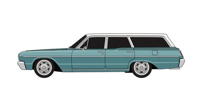 Vintage teal station wagon in profile view against white background
