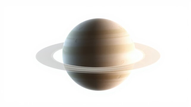 Saturn depicted with prominent rings. Beige, brown hues dominate planets surface. Light reflects off icy ring system.