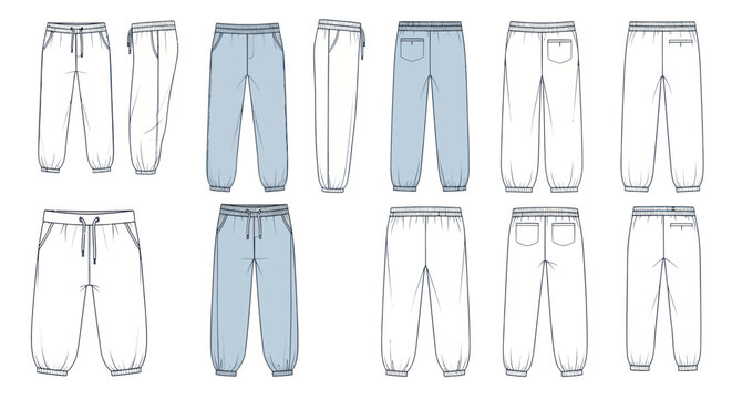 Fashion Flat Sketch: Kids Joggers Pants, Front and Back View, Light Blue and White