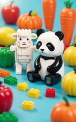 Obraz premium Cute LEGO panda and sheep surrounded by colorful fruits and veggies