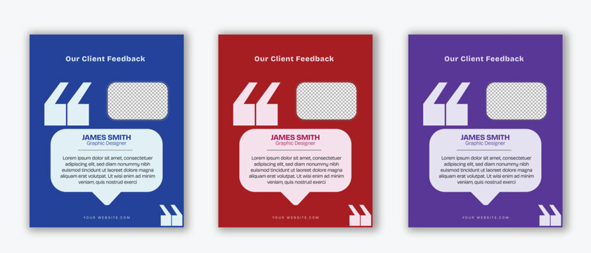 Client feedback testimonial social media post template with quote icon, profile frame and speech bubble card, modern blue red purple layout variations
