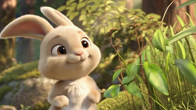 Happy cartoon bunny smiling on grass cute animated animal scene