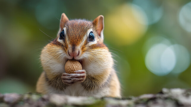 Adorable chipmunk with stuffed cheeks holding a small nut, capturing cute wildlife behavior in a close up natural setting with soft light and detailed fur texture.