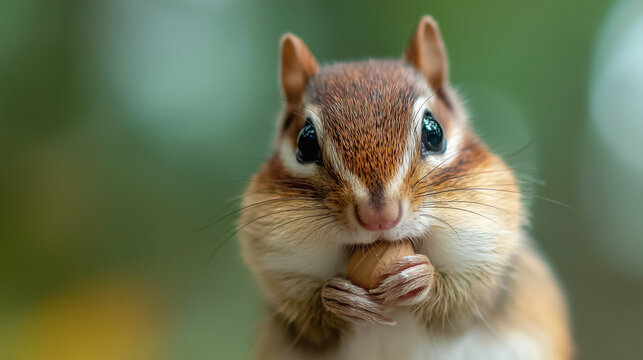 Adorable chipmunk with stuffed cheeks holding a small nut, capturing cute wildlife behavior in a close up natural setting with soft light and detailed fur texture.