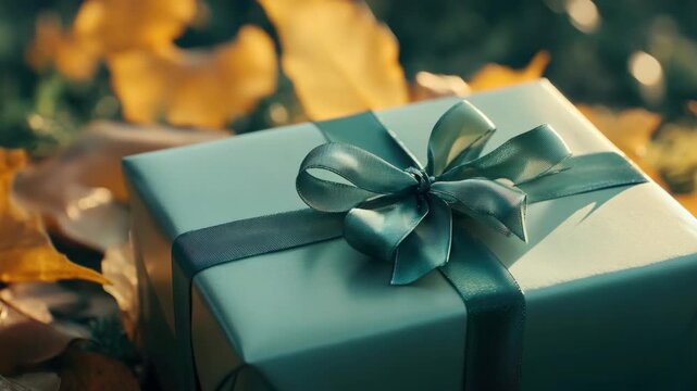 A beautifully wrapped present box on a bed of autumn leaves, suggesting holiday celebration.