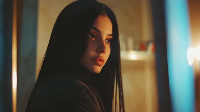Emotionally intense female character gazing into the distance, reflecting on her thoughts or intentions.