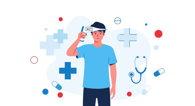 Man with fever checks temperature with infrared thermometer, surrounded by medical symbols.