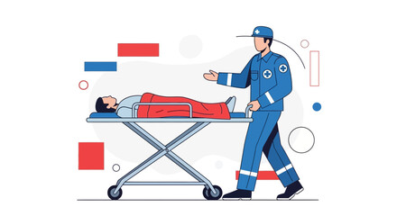 Fototapeta premium Paramedic assisting patient on stretcher, emergency medical services, healthcare concept