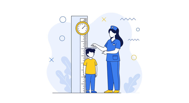 Pediatrician measuring child's height on a measuring scale with a clock in a clinic