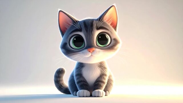 Adorable, cartoon-style cat with big green eyes and soft grey/white fur. Sitting and facing forward