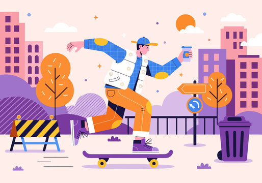 Modern flat vector illustration of a young skater cruising through a vibrant colorful cityscape, holding a takeaway coffee cup. Urban lifestyle concept.