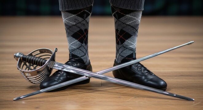 Highland dancer's feet in argyle socks with fencing swords for traditional Scottish sword dance on a wooden floor.