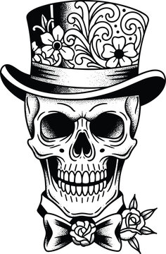 A skull wearing a top hat and bow tie with floral designs