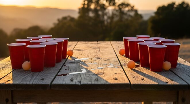 Red plastic cups arranged for a beer pong game on a wooden table outdoors at sunset. bierpong