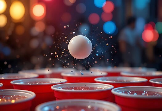 A white ping pong ball suspended in mid-air over red party cups with colorful bokeh lights. bierpong