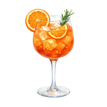 Watercolor aperol spritz illustration, orange cocktail with ice and citrus garnish isolated on white background