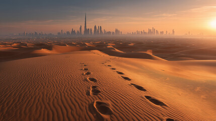 Obraz na płótnie Canvas Footprints across desert dunes leading toward distant city skyline at sunset, symbolizing journey, ambition, contrast between nature and urban future.
